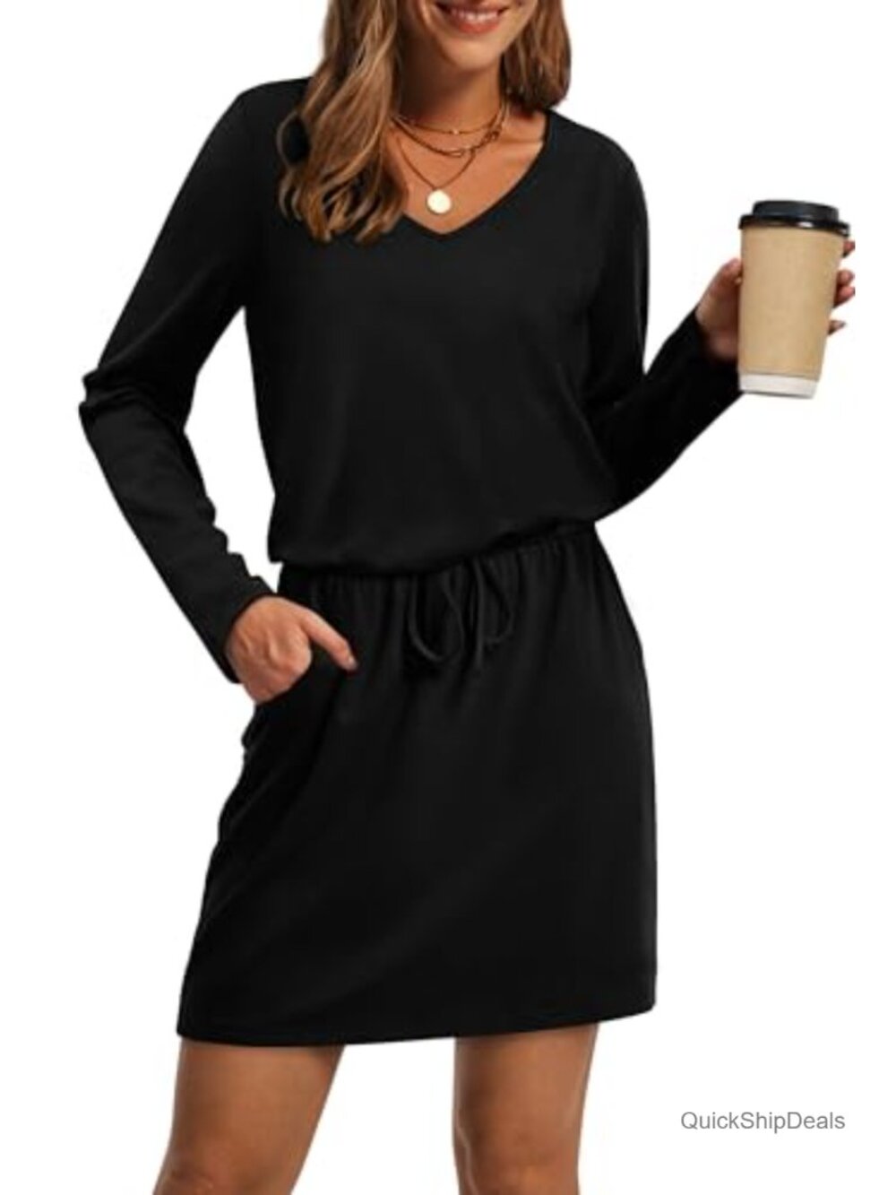Women Loose V Neck Long Sleeve Casual Dress Tie Front A-Line with Pockets